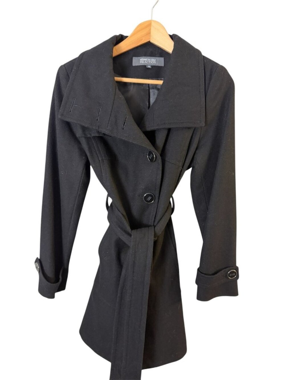 Reaction Kenneth Cole Trench Coat Womens 10 Black Wool Blend Overcoat - Picture 1 of 7
